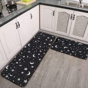 youtary black white moon and star pattern kitchen rug set 2 pcs floor mats washable non-slip soft flannel runner rug doormat carpet for floor home bathroom, 17" x 47"+17" x 24"-m