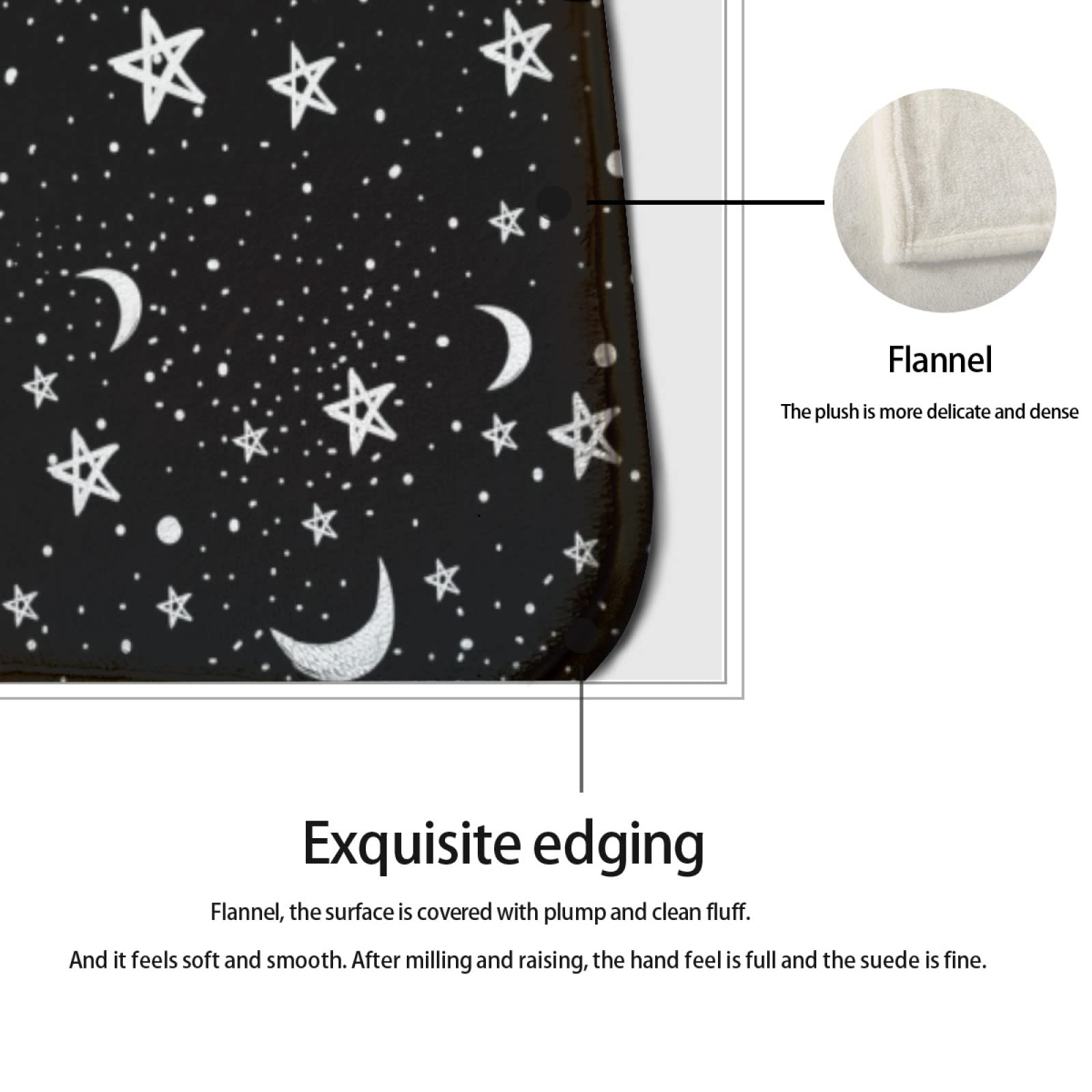 YouTary Black White Moon and Star Pattern Kitchen Rug Set 2 PCS Floor Mats Washable Non-Slip Soft Flannel Runner Rug Doormat Carpet for Floor Home Bathroom, 17" x 47"+17" x 24"-M