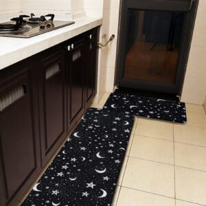 YouTary Black White Moon and Star Pattern Kitchen Rug Set 2 PCS Floor Mats Washable Non-Slip Soft Flannel Runner Rug Doormat Carpet for Floor Home Bathroom, 17" x 47"+17" x 24"-M