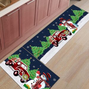 2 piece red truck kitchen rug set merry christmas snowman indoor floor mats for winter, xmas door mat runner rug carpet mat for kitchen home decor (15.7" x 23.6"+15.7" x 47.2")- snowman snowflake tree