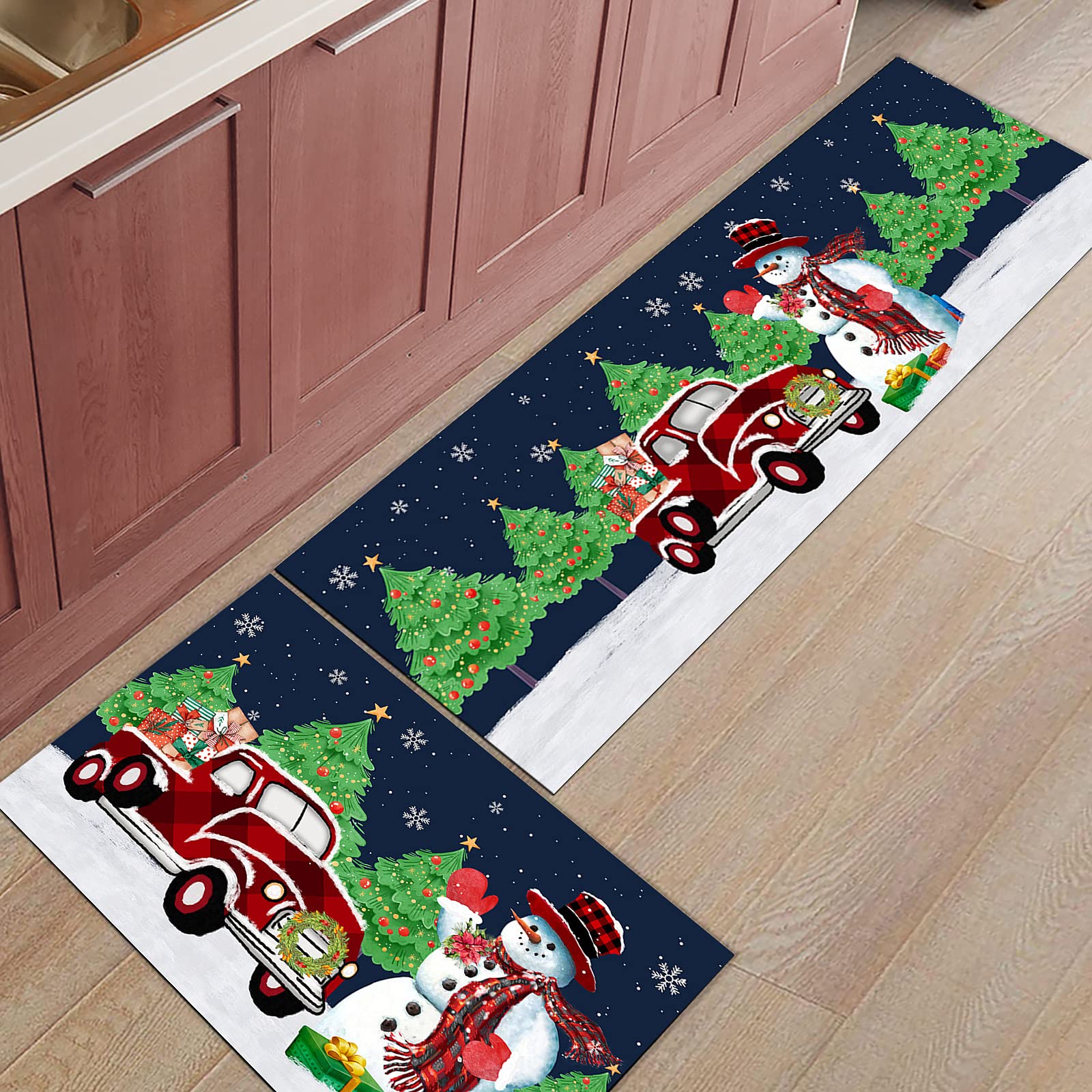 2 Piece Red Truck Kitchen Rug Set Merry Christmas Snowman Indoor Floor Mats for Winter, Xmas Door Mat Runner Rug Carpet Mat for Kitchen Home Decor (15.7" x 23.6"+15.7" x 47.2")- Snowman Snowflake Tree