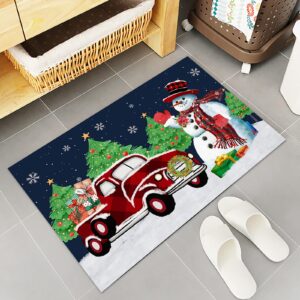 2 Piece Red Truck Kitchen Rug Set Merry Christmas Snowman Indoor Floor Mats for Winter, Xmas Door Mat Runner Rug Carpet Mat for Kitchen Home Decor (15.7" x 23.6"+15.7" x 47.2")- Snowman Snowflake Tree