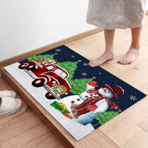 2 Piece Red Truck Kitchen Rug Set Merry Christmas Snowman Indoor Floor Mats for Winter, Xmas Door Mat Runner Rug Carpet Mat for Kitchen Home Decor (15.7" x 23.6"+15.7" x 47.2")- Snowman Snowflake Tree