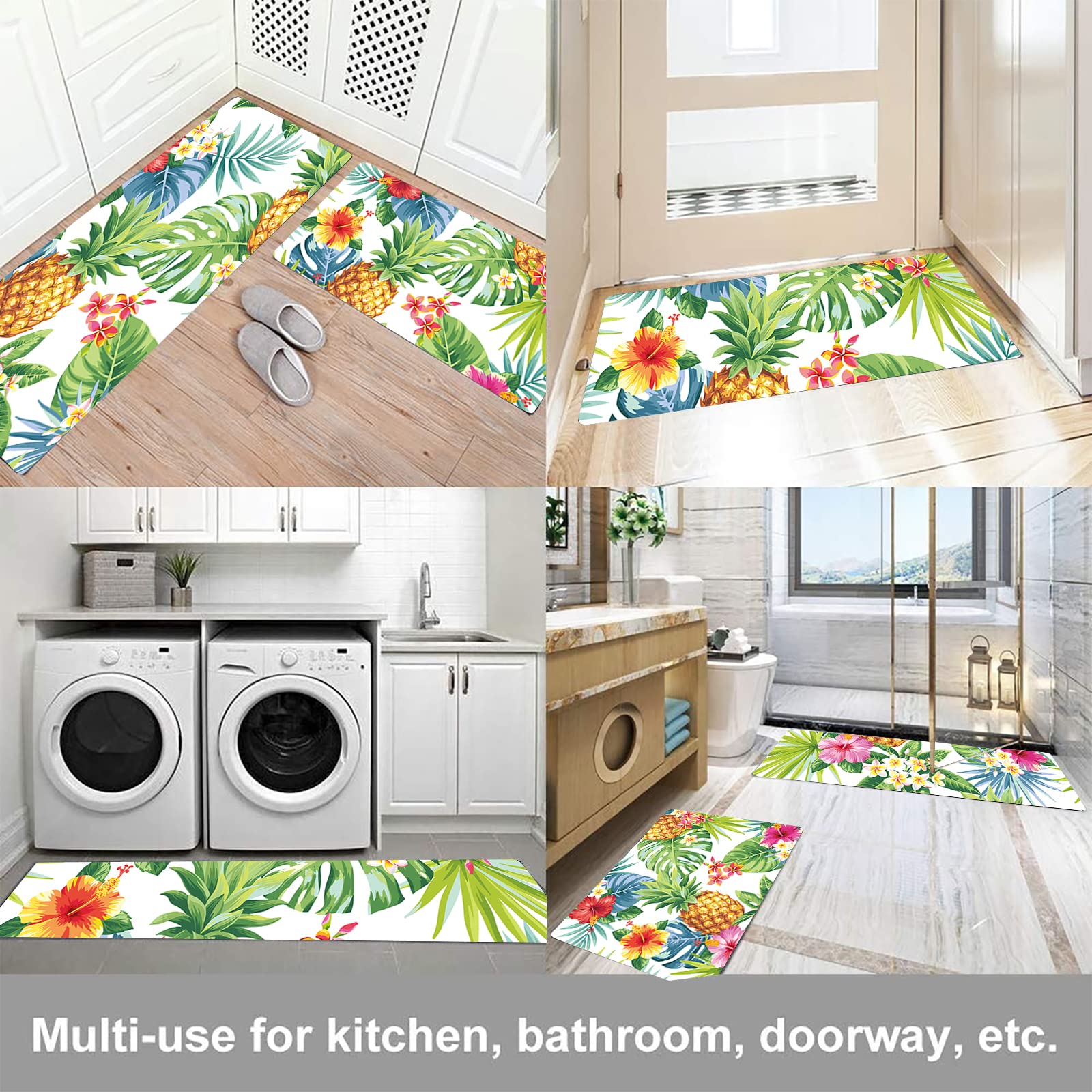 Vantaso Kitchen Mat Rug Tropical Pineapples Flowers Palm Leaves Set of 2 Cushioned Non-Slip Kitchen Floor Mats Comfort Runner Rugs