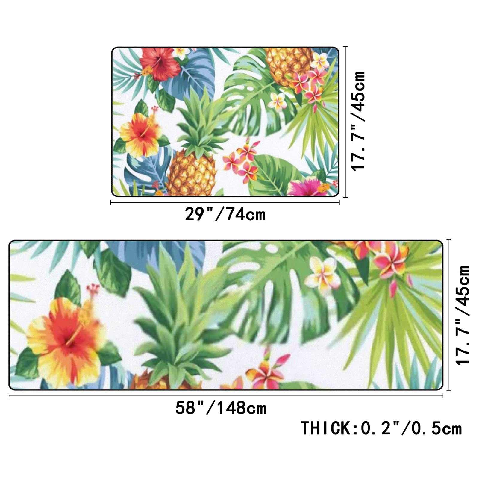 Vantaso Kitchen Mat Rug Tropical Pineapples Flowers Palm Leaves Set of 2 Cushioned Non-Slip Kitchen Floor Mats Comfort Runner Rugs