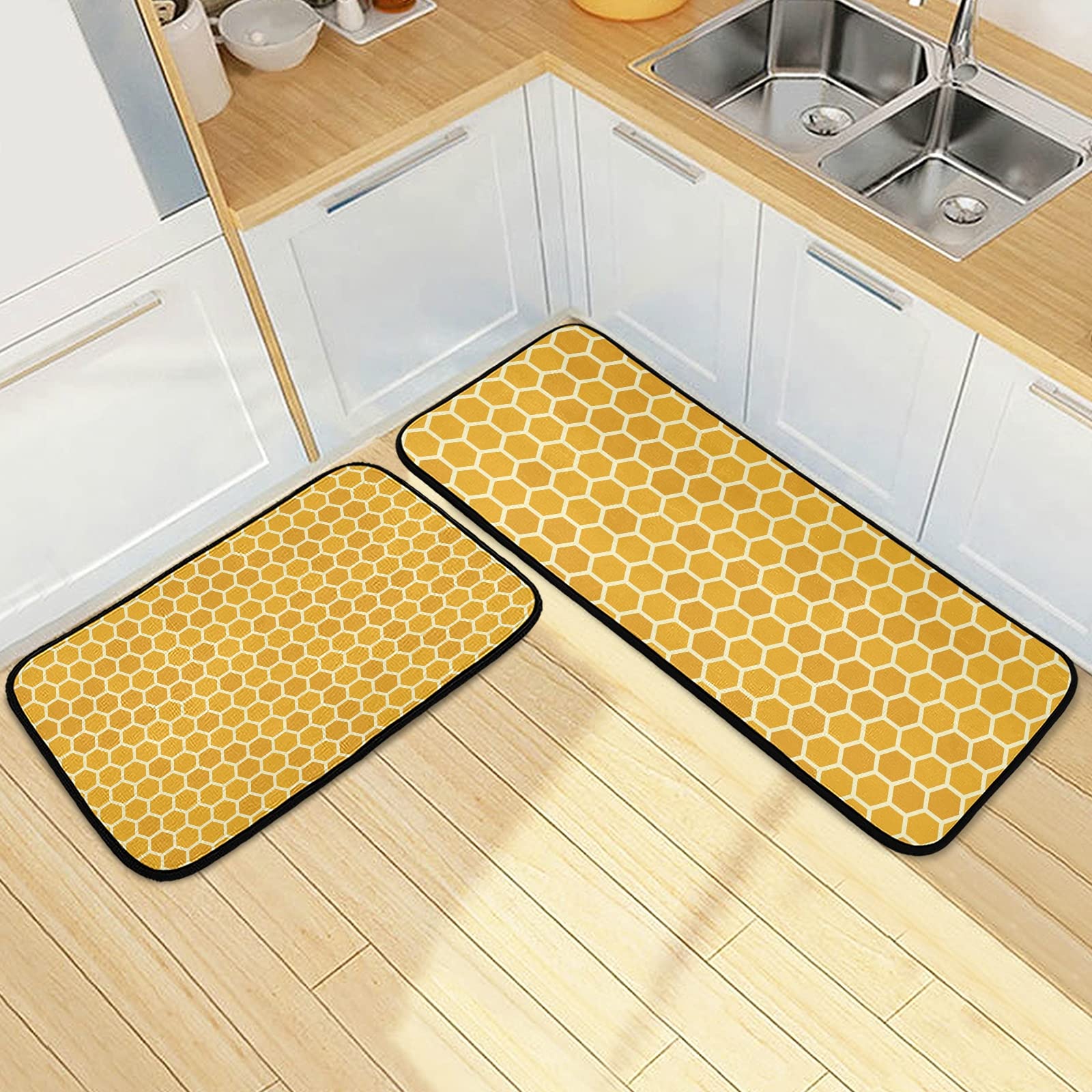 Kitchen Rugs and Mats 2 Pieces Yellow Honeycomb Pattern Anti Fatigue Kitchen Rug Set Non Slip Bath Mat Entry Floor Carpet Entrance Door Mat Runner 20"x28"+20"x47" 20"x28"+20"x47"