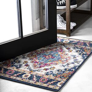 jonathan y bmf106a-23 bohemian flair boho vintage medallion indoor area -rug, medallion floral, easy -cleaning, bedroom, dining room, kitchen, living room, non shedding, blue/multi, 2 x 3