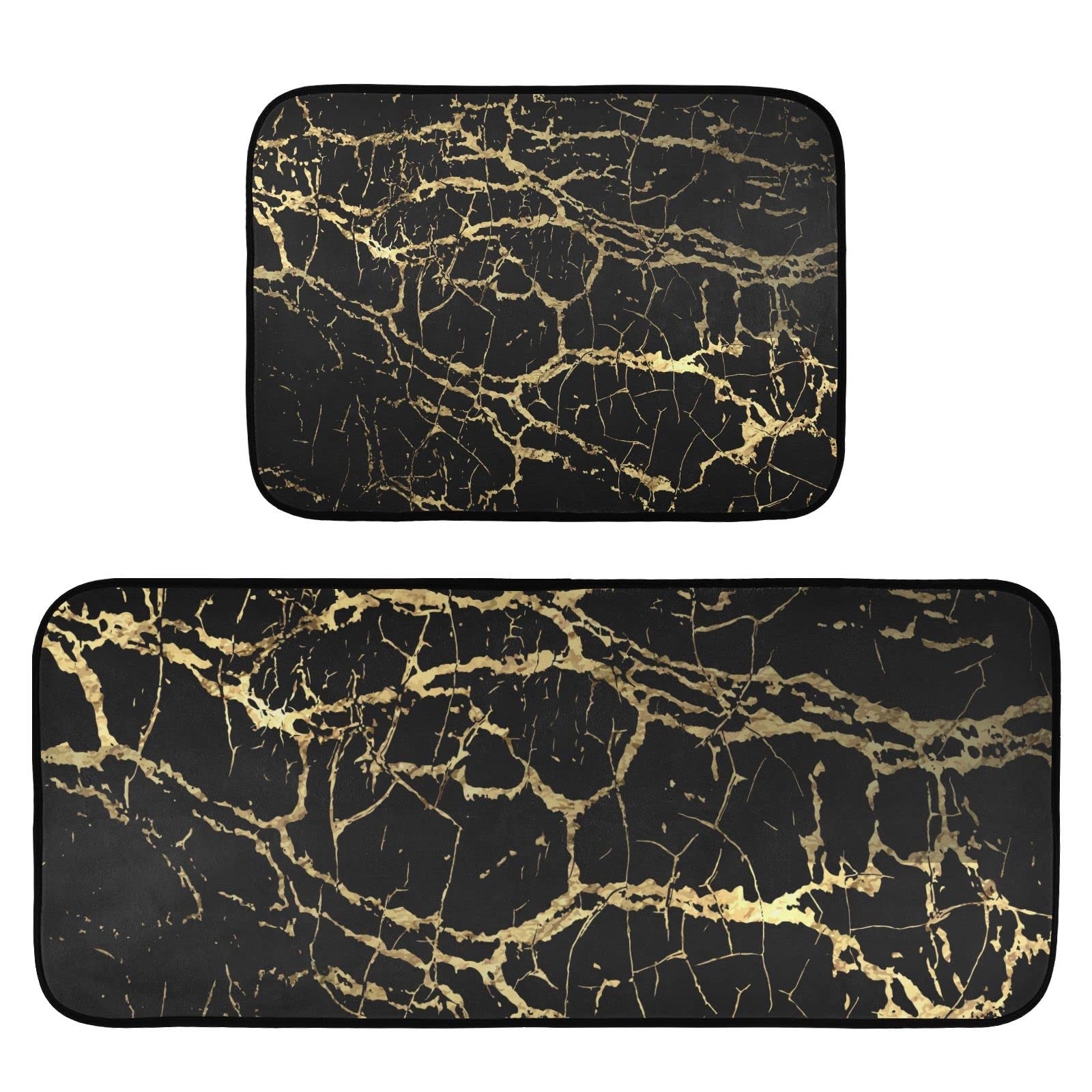 BOENLE Kitchen Rugs and Mats Non Skid Washable Kitchen Rug Set 2 Piece Black Gold Marble Carpet Ergonomic Comfort Standing Mat for Kitchen,Bathroom, Laundry