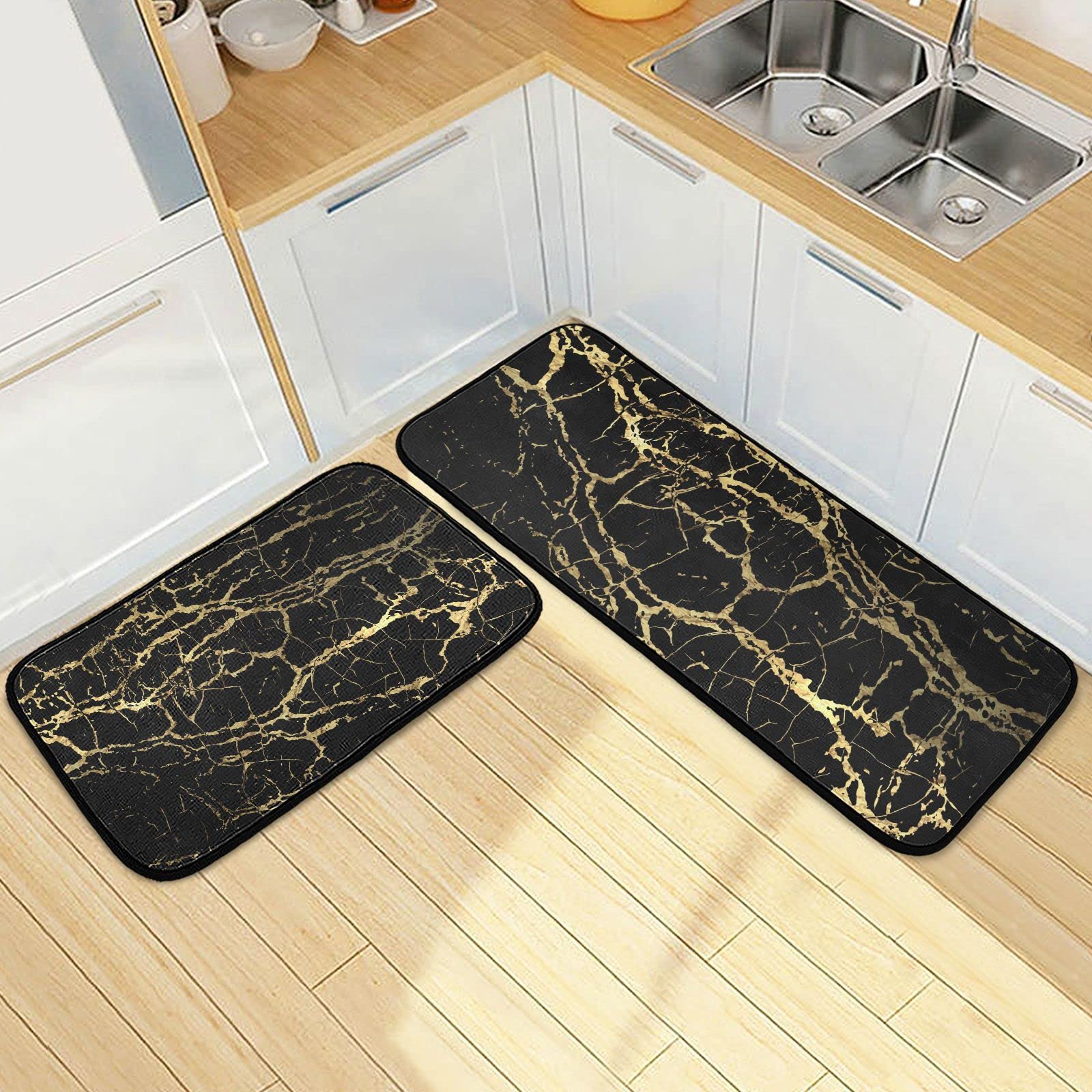BOENLE Kitchen Rugs and Mats Non Skid Washable Kitchen Rug Set 2 Piece Black Gold Marble Carpet Ergonomic Comfort Standing Mat for Kitchen,Bathroom, Laundry