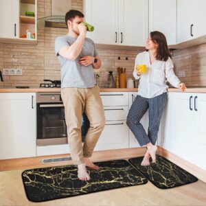 BOENLE Kitchen Rugs and Mats Non Skid Washable Kitchen Rug Set 2 Piece Black Gold Marble Carpet Ergonomic Comfort Standing Mat for Kitchen,Bathroom, Laundry