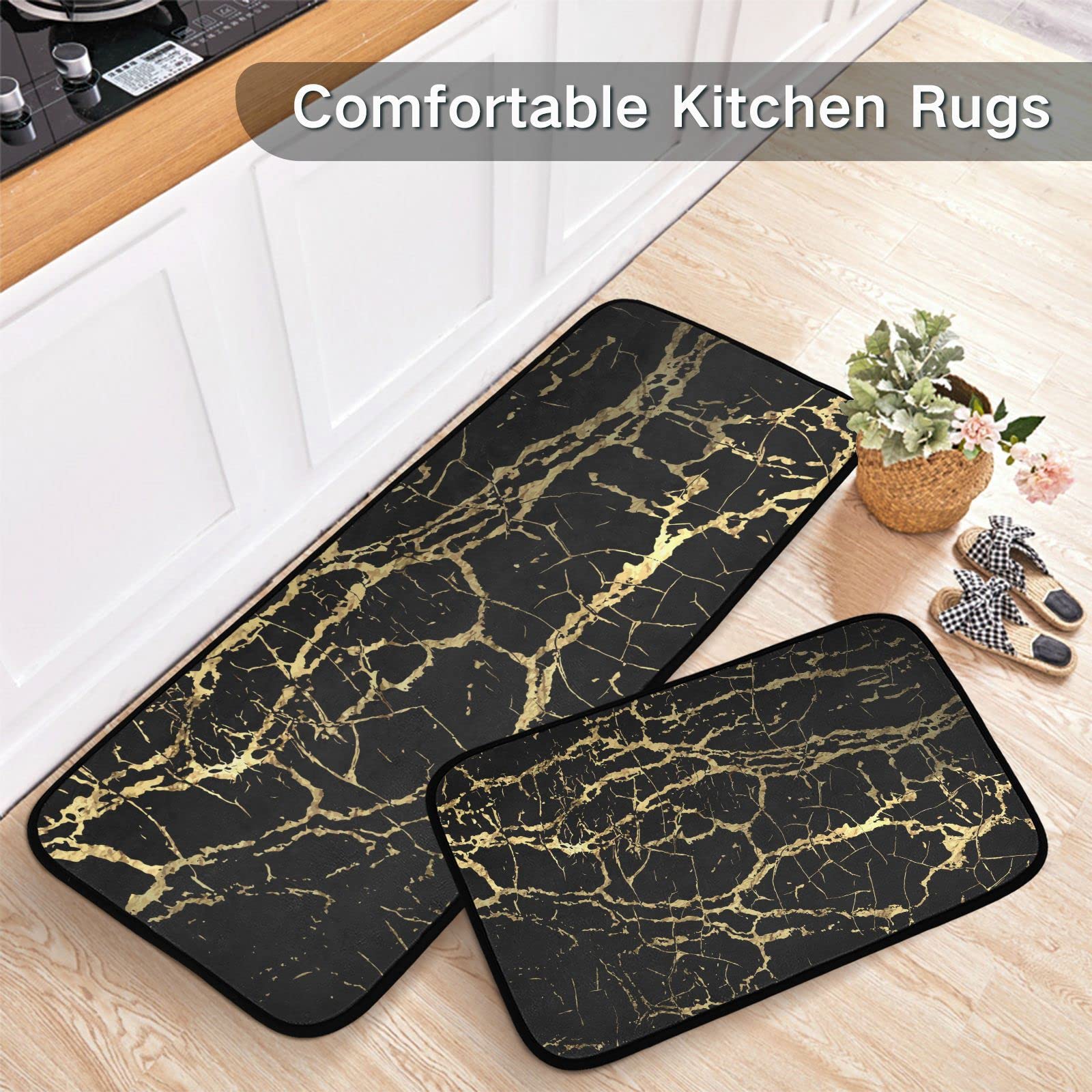 BOENLE Kitchen Rugs and Mats Non Skid Washable Kitchen Rug Set 2 Piece Black Gold Marble Carpet Ergonomic Comfort Standing Mat for Kitchen,Bathroom, Laundry