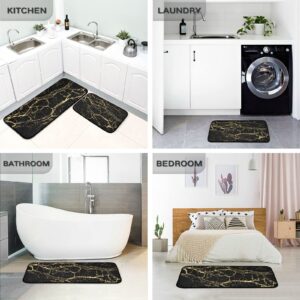 BOENLE Kitchen Rugs and Mats Non Skid Washable Kitchen Rug Set 2 Piece Black Gold Marble Carpet Ergonomic Comfort Standing Mat for Kitchen,Bathroom, Laundry