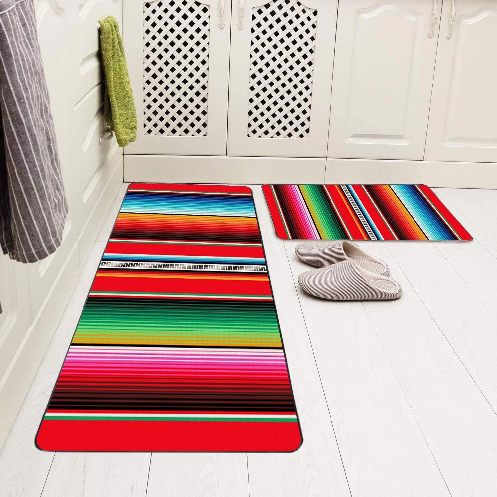 Musesh Soft Kitchen Rugs 2 Pieces,Mexican Rug Pattern Serape Stripes Detail Background with Colors Washable Non-Slip Kitchen Mat Set 17"X48"+17"X24" Rug for Kitchen