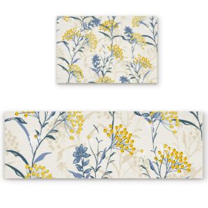 zadaling 2piece kitchen rugs set vintage floral plant summer flowers yellow blue absorbent kitchen floor mats for sink,washable kitchen area rugs non slip doormat pad carpet 16"x24"+16"x47"