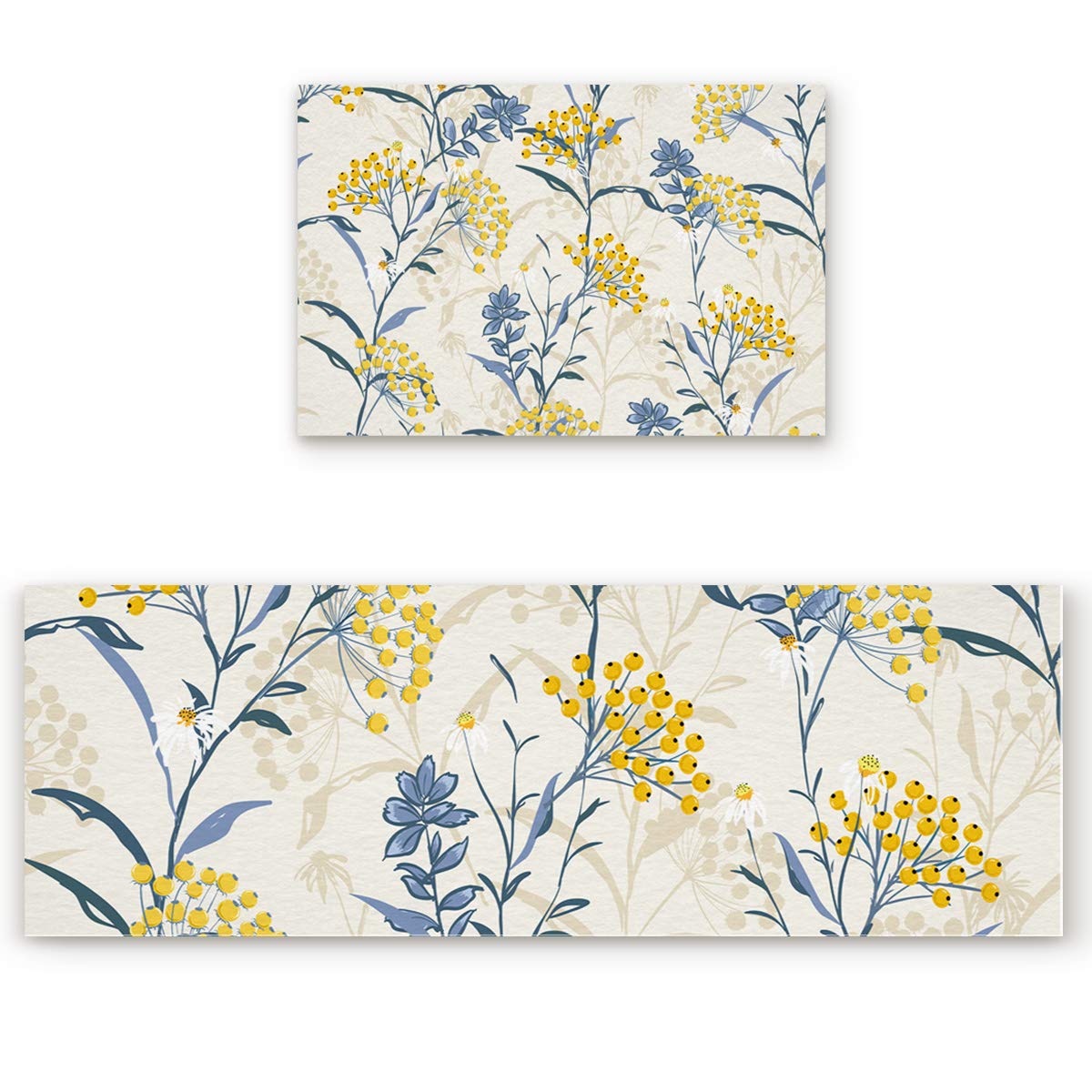 Zadaling 2Piece Kitchen Rugs Set Vintage Floral Plant Summer Flowers Yellow Blue Absorbent Kitchen Floor Mats for Sink,Washable Kitchen Area Rugs Non Slip Doormat Pad Carpet 16"x24"+16"x47"