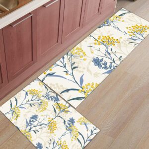 Zadaling 2Piece Kitchen Rugs Set Vintage Floral Plant Summer Flowers Yellow Blue Absorbent Kitchen Floor Mats for Sink,Washable Kitchen Area Rugs Non Slip Doormat Pad Carpet 16"x24"+16"x47"