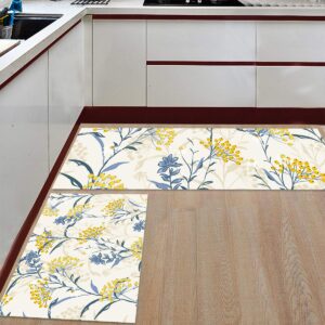 Zadaling 2Piece Kitchen Rugs Set Vintage Floral Plant Summer Flowers Yellow Blue Absorbent Kitchen Floor Mats for Sink,Washable Kitchen Area Rugs Non Slip Doormat Pad Carpet 16"x24"+16"x47"