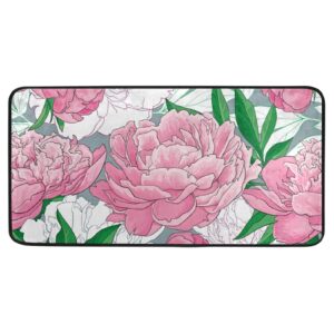 hussrity pink peony flowers kitchen rugs cushioned anti-fatigue comfort floor mat non slip kitchen mat runner rug for sink office laundry (39"x20")