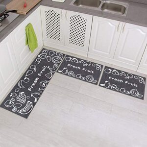 carvapet non-slip kitchen mat set rubber backing doormat runner rug set, fruit design (grey 15"x47"+15"x23"+15"x23")