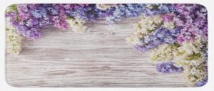 ambesonne rustic kitchen mat, lilac flowers bouquet on wood table spring nature romance love theme, plush decorative kitchen mat with non slip backing, 47" x 19", lilac violet