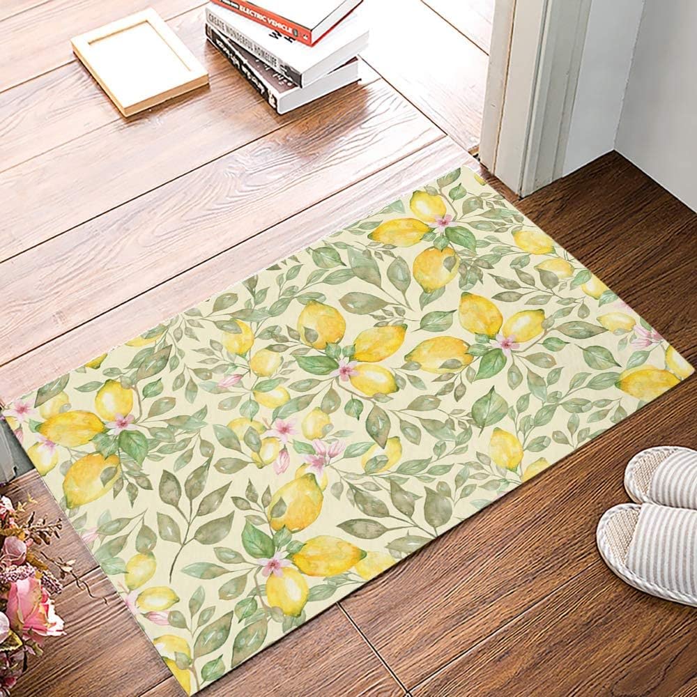 Door Mat for Bedroom Decor, Summer Fruit Yellow Lemon Texture Floor Mats, Holiday Rugs for Living Room, Absorbent Non-Slip Bathroom Rugs Home Decor Kitchen Mat Area Rug 18x30 Inch