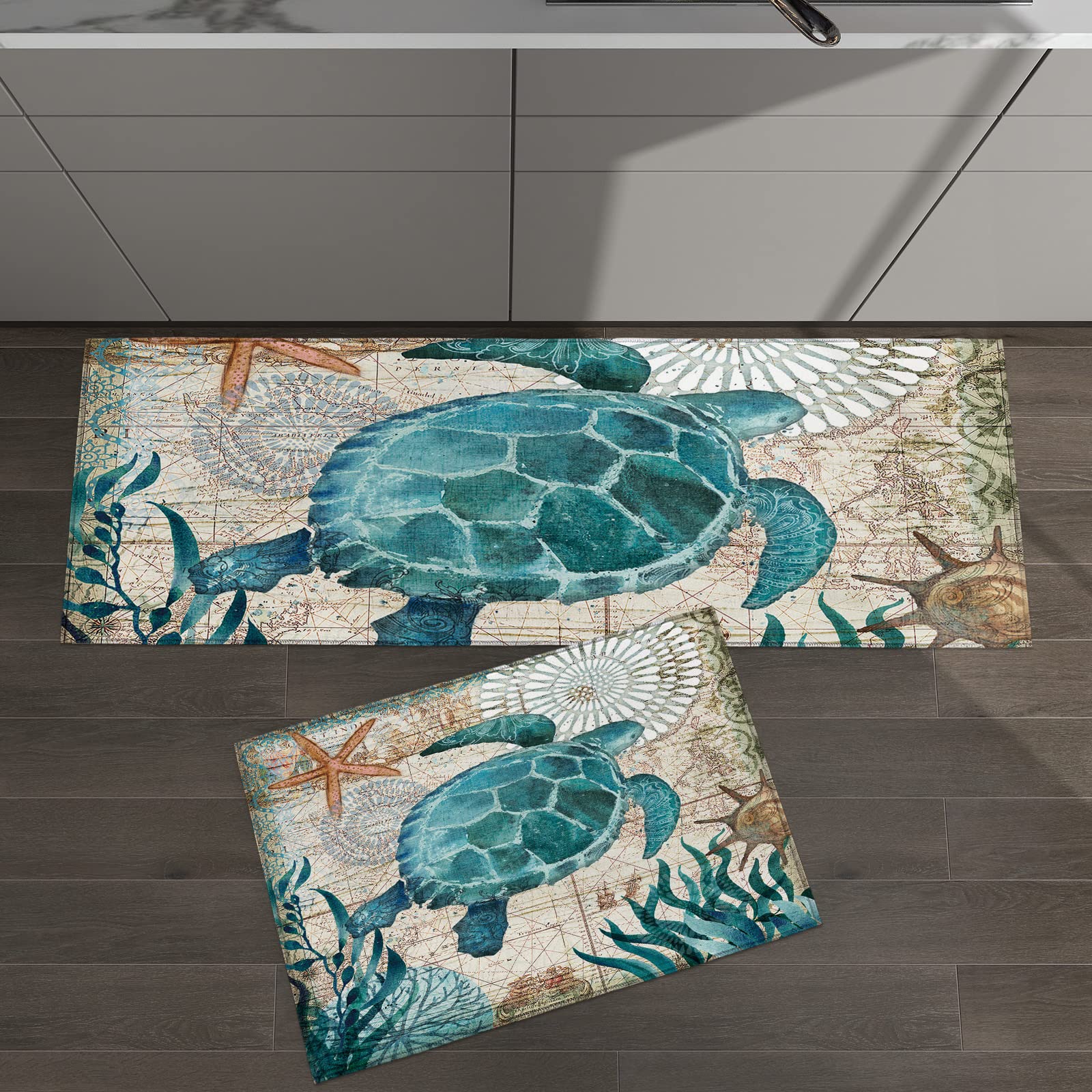 LooPoP Sea Turtle Kitchen Mats for Floor Cushioned Anti Fatigue 2 Piece Set Kitchen Runner Rugs Non Skid Washable Ocean Animal Beach Landscape Sea Theme 15.7x23.6+15.7x47.2inch