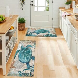 LooPoP Sea Turtle Kitchen Mats for Floor Cushioned Anti Fatigue 2 Piece Set Kitchen Runner Rugs Non Skid Washable Ocean Animal Beach Landscape Sea Theme 15.7x23.6+15.7x47.2inch