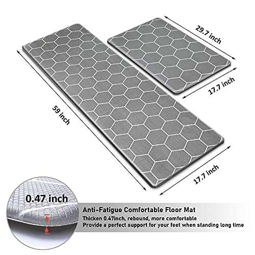 Gray Kitchen Mats for Floor,PVC Cushioned Anti-Fatigue Comfort Mat,2 Piece 0.47in Super Thick Kitchen Rugs【59In】 for Kitchen Sink Office Laundry Room