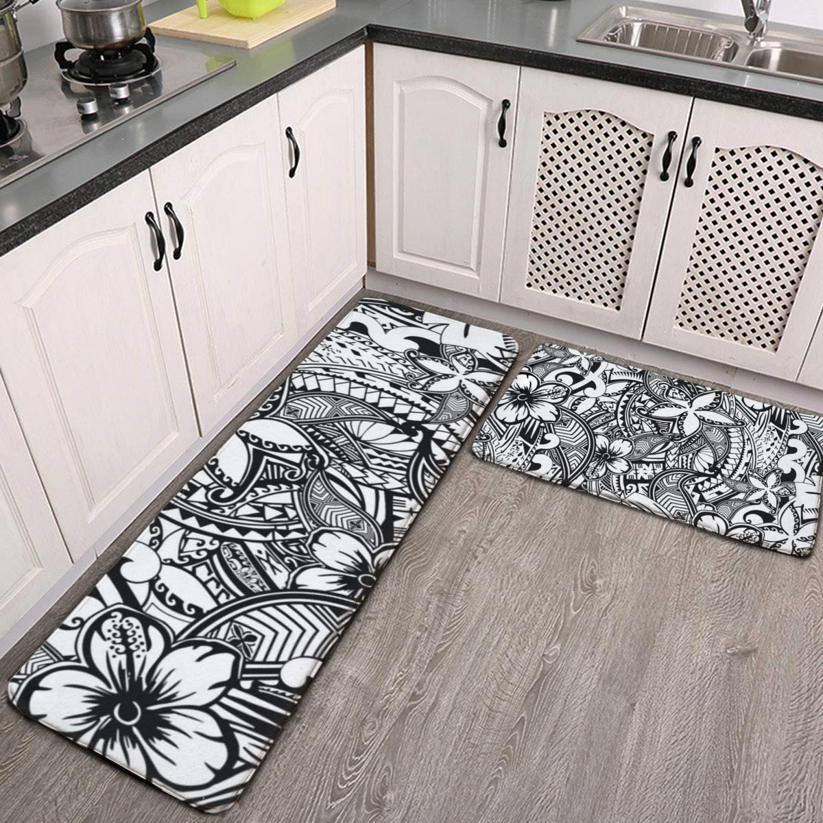 Kitchen Rug Set 2 Pieces,Hawaiian Polynesian Trbal Tatoo Print Washable Kitchen Mats Rugs Set Non-Slip Indoor Outdoor Doormat Runner Carpet Set