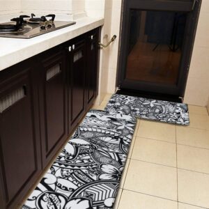 Kitchen Rug Set 2 Pieces,Hawaiian Polynesian Trbal Tatoo Print Washable Kitchen Mats Rugs Set Non-Slip Indoor Outdoor Doormat Runner Carpet Set