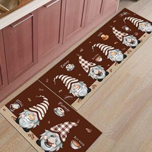 Coffee Gnomes Kitchen Mat Set 2 Piece Kitchen Rugs, Farmhouse Brown Coffee Beans Soft Non-Slip Rubber Backing Floor Mats Doormat Bathroom Runner Area Rug Carpet, 19.7x31.5in + 19.7x47.2in