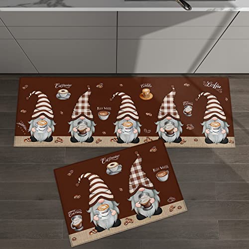 Coffee Gnomes Kitchen Mat Set 2 Piece Kitchen Rugs, Farmhouse Brown Coffee Beans Soft Non-Slip Rubber Backing Floor Mats Doormat Bathroom Runner Area Rug Carpet, 19.7x31.5in + 19.7x47.2in