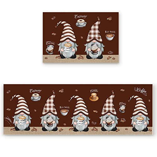 Coffee Gnomes Kitchen Mat Set 2 Piece Kitchen Rugs, Farmhouse Brown Coffee Beans Soft Non-Slip Rubber Backing Floor Mats Doormat Bathroom Runner Area Rug Carpet, 19.7x31.5in + 19.7x47.2in