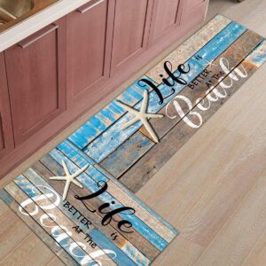 2 pieces kitchen rug mat set absorbent soft runner carpets ocean coastal starfish beach retro wood grain life is better at the beach non slip doormat floor mats throw runner rug for living room