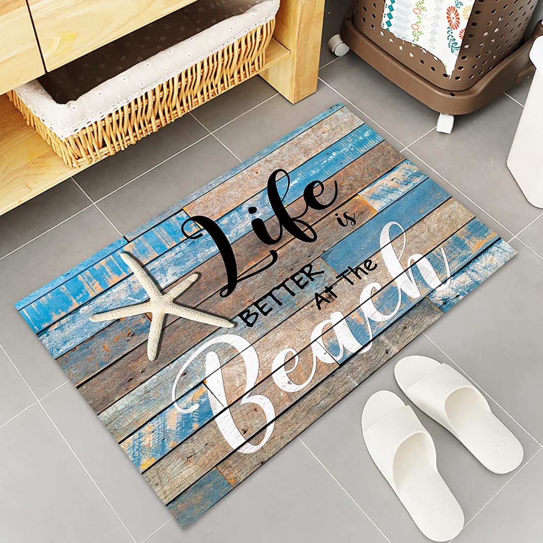 2 Pieces Kitchen Rug Mat Set Absorbent Soft Runner Carpets Ocean Coastal Starfish Beach Retro Wood Grain Life Is Better At The Beach Non Slip Doormat Floor Mats Throw Runner Rug for Living Room