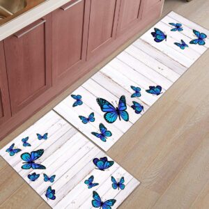 Farmhouse Style Kitchen Mats for Floor Cushioned Anti Fatigue 2 Piece Set Kitchen Runner Rugs Non Skid Washable Butterfly Vintage Wooden Plank
