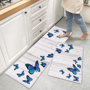 Farmhouse Style Kitchen Mats for Floor Cushioned Anti Fatigue 2 Piece Set Kitchen Runner Rugs Non Skid Washable Butterfly Vintage Wooden Plank