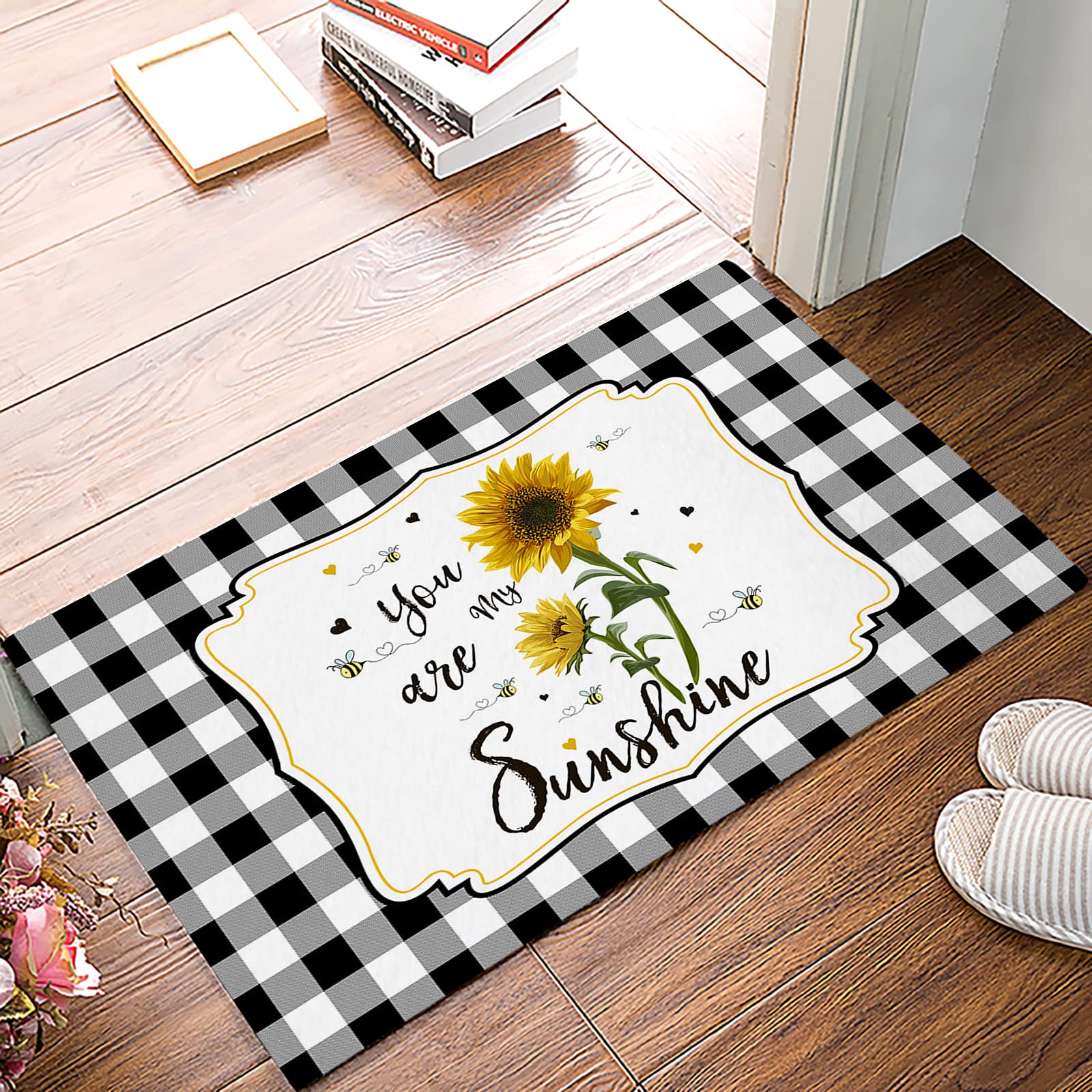 You-are My Sunshine Sunflower on Black and White Buffalo Check Plaid, Bathroom Shower Mat Doormat Non Slip,Floor Rug Absorbent Carpets Floor Mat Home Decor for Kitchen Bedroom Rug, 16"X 24"