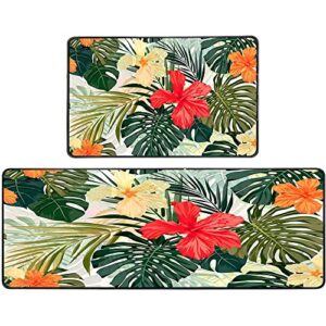 gesmatic 2 piece non slip kitchen mat non-slip summer colorful hawaiian tropical plants and hibiscus flowers 17"x48" 17"x24" for kitchen floor sink laundry hallway dinning room office