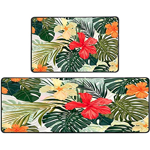 Gesmatic 2 Piece Non Slip Kitchen Mat Non-Slip Summer Colorful Hawaiian Tropical Plants and Hibiscus Flowers 17"X48" 17"X24" for Kitchen Floor Sink Laundry Hallway Dinning Room Office