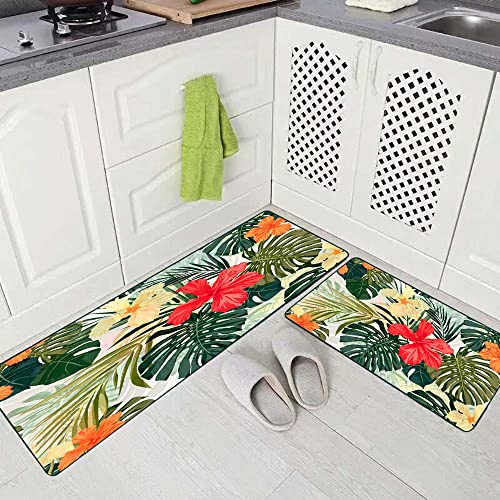 Gesmatic 2 Piece Non Slip Kitchen Mat Non-Slip Summer Colorful Hawaiian Tropical Plants and Hibiscus Flowers 17"X48" 17"X24" for Kitchen Floor Sink Laundry Hallway Dinning Room Office