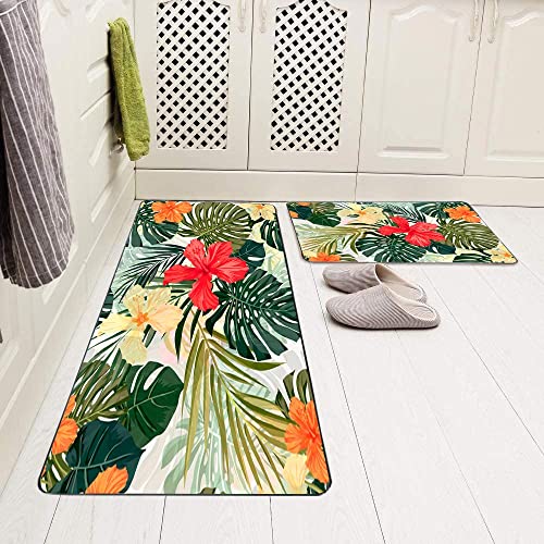 Gesmatic 2 Piece Non Slip Kitchen Mat Non-Slip Summer Colorful Hawaiian Tropical Plants and Hibiscus Flowers 17"X48" 17"X24" for Kitchen Floor Sink Laundry Hallway Dinning Room Office