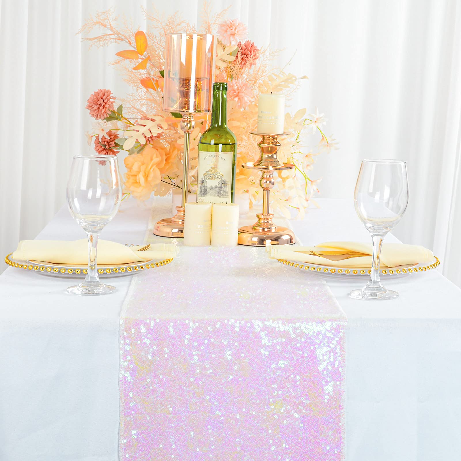 ShinyBeauty Sequin Table Runner 108 Inches Long Pack of 5 Iridescent Sequin Table Runner Christmas Decor Glitter Runner Tablecloth Hemstitch Table Runners for Baby Shower(12x108 x5pcs)