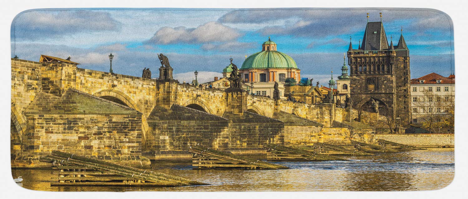 Ambesonne Landscape Kitchen Mat, Prague Charles Bridge Castle European Famous Touristic Place Landmark Cityscape, Plush Decorative Kitchen Mat with Non Slip Backing, 47" X 19", Multicolor