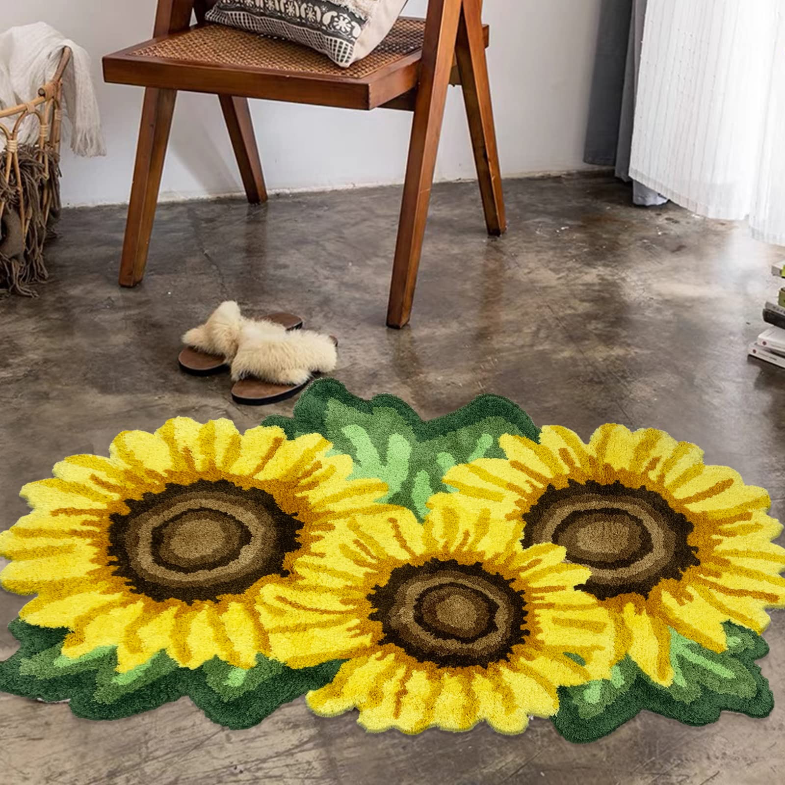 USTIDE Sunflower Area Rug, Rustic Flower Doormat Cute Rug for Bathroom Kitchen, Handmade Rug Washable Floral Mat (27.5''X37.4'')