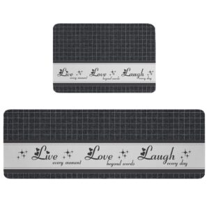 kitchen mat rug set of 2 live love laugh retro gray plaid runner rug anti-fatigue comfort memory foam standing mat non-slip floor door mat for bathroom 18x30in+18x48in