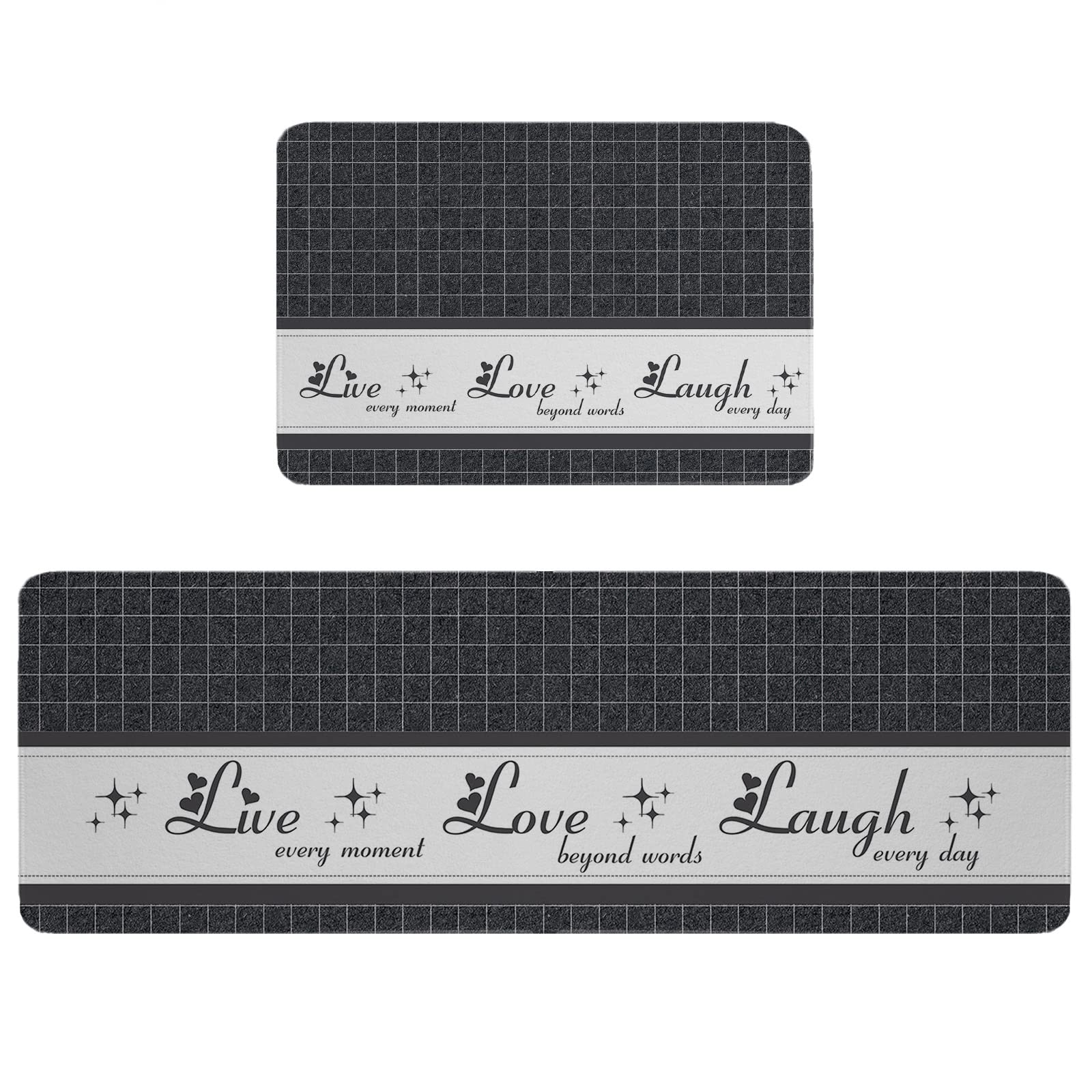 Kitchen Mat Rug Set of 2 Live Love Laugh Retro Gray Plaid Runner Rug Anti-Fatigue Comfort Memory Foam Standing Mat Non-Slip Floor Door Mat for Bathroom 18x30in+18x48in