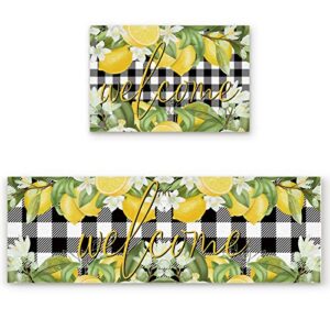 2 pcs kitchen mats runner rug set anti fatigue standing mat rubber backing welcome summer lemon black and white buffalo plaid print washable floor mat area rug for home/office 19.7"x31.5"+19.7"x47.2"