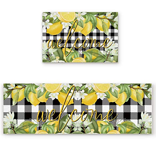 2 Pcs Kitchen Mats Runner Rug Set Anti Fatigue Standing Mat Rubber Backing Welcome Summer Lemon Black and White Buffalo Plaid Print Washable Floor Mat Area Rug for Home/Office 19.7"x31.5"+19.7"x47.2"