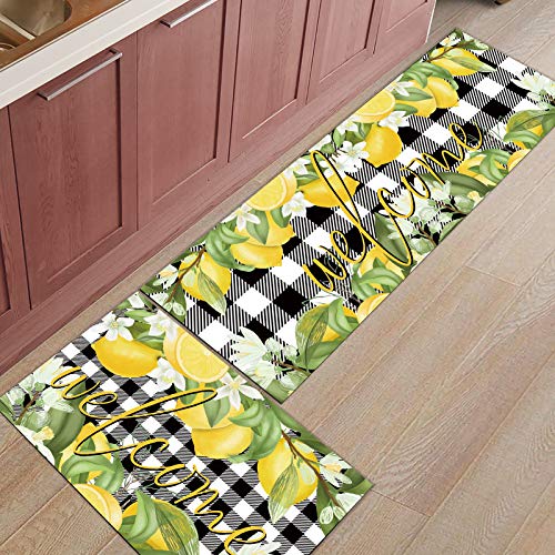 2 Pcs Kitchen Mats Runner Rug Set Anti Fatigue Standing Mat Rubber Backing Welcome Summer Lemon Black and White Buffalo Plaid Print Washable Floor Mat Area Rug for Home/Office 19.7"x31.5"+19.7"x47.2"